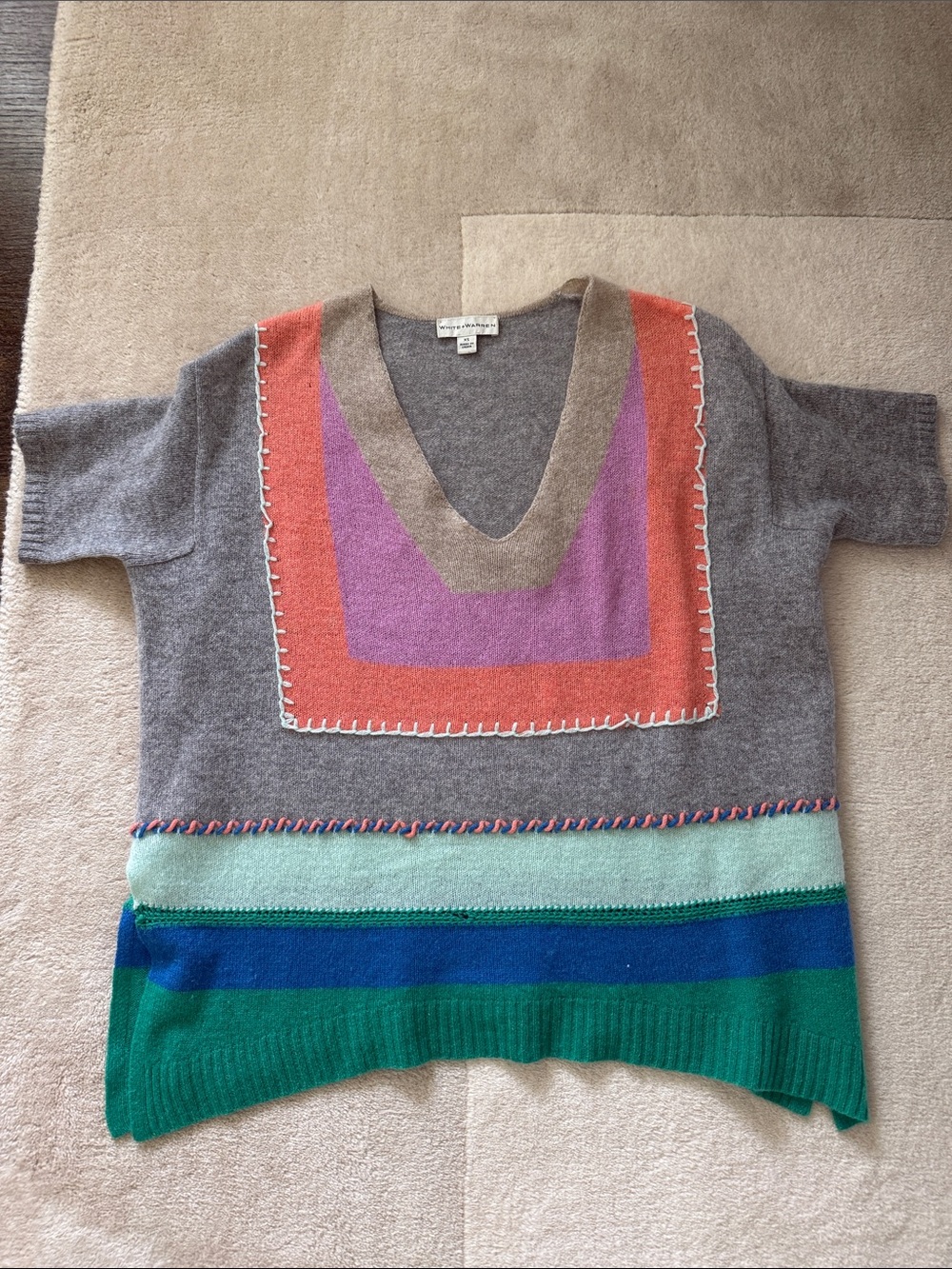 Women's White & Warren Gray Multicolor V-Neck Patchwork Sweater